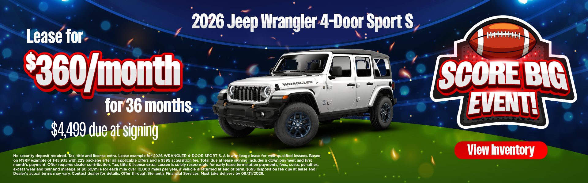 2026 Jeep Wrangler 4-Door Sport S Lease for $360/month for 3