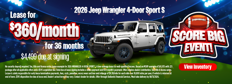 2026 Jeep Wrangler 4-Door Sport S Lease for $360/month for 3