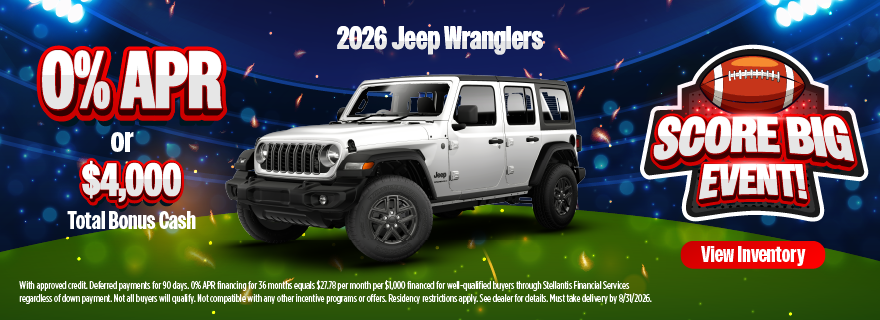 2026 Jeep Wranglers 0% APR or Up to $4,000 Total Bonus Cash