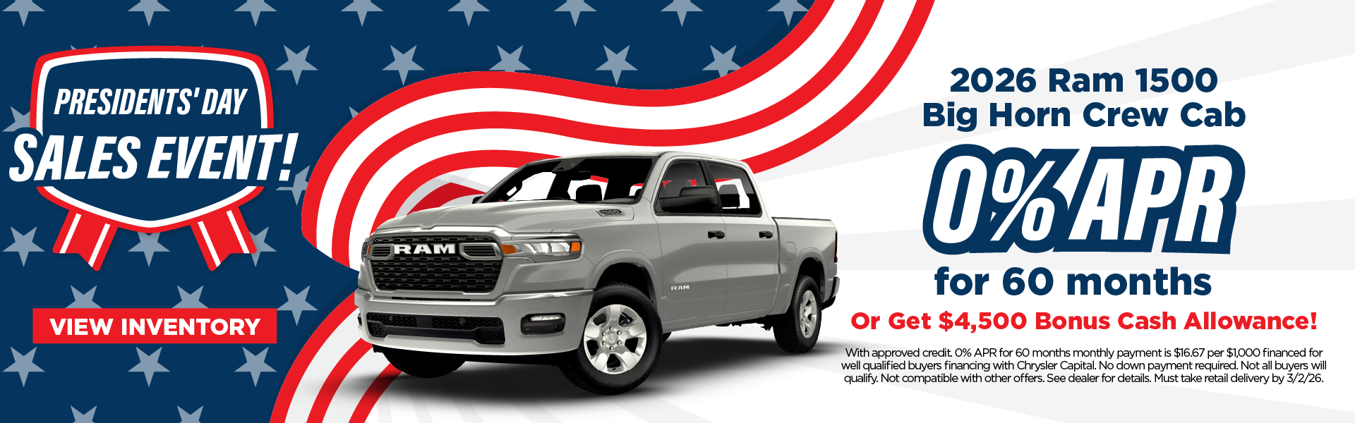 2026 Ram 1500 Big Horn Crew Cab 0% APR for 60 months Or Get 