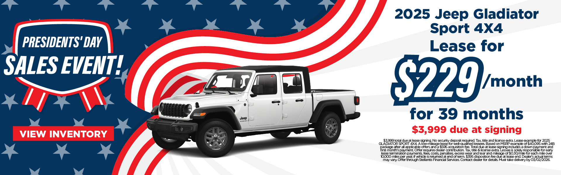 2025 Jeep Gladiator Sport 4X4 Lease for $229/month for 39 mo