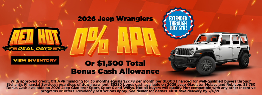 2026 Jeep Wranglers 0% APR Or $1,500 Total Bonus Cash Allowa