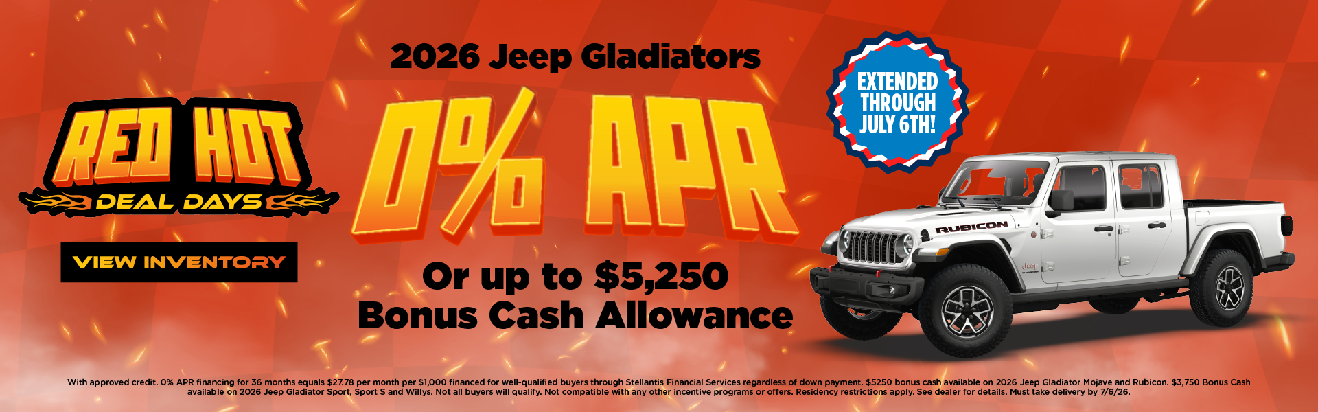 2026 Jeep Gladiators 0% APR Or up to $5,250 Bonus Cash Allow